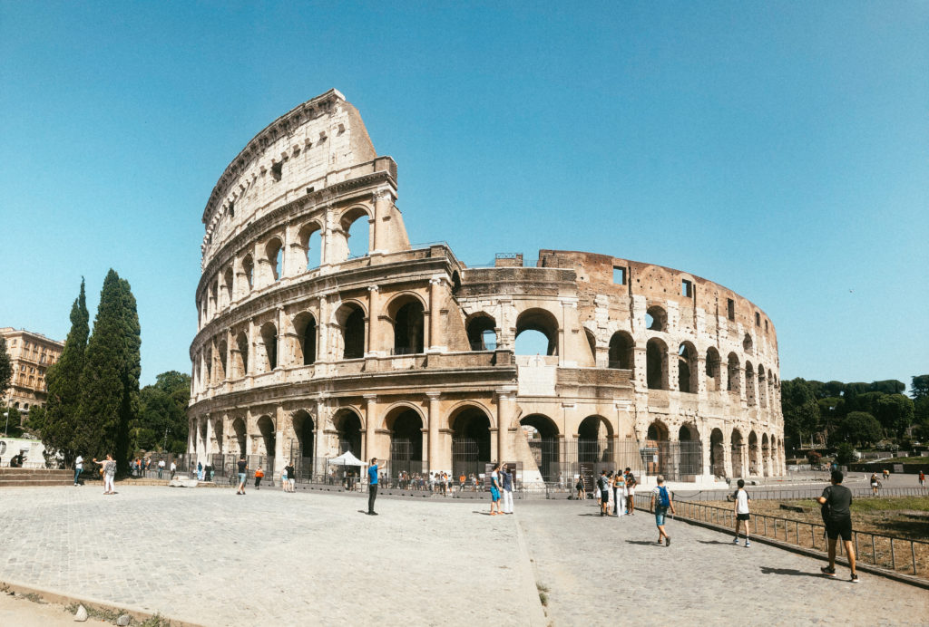A clear blue sky day with the Colosseum.