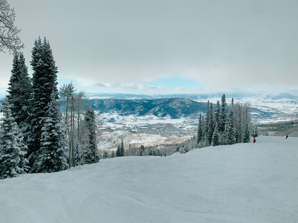 Snowy ski slopes filled with trees and a town in the distance.
