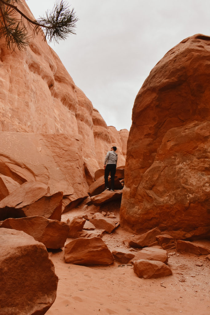 Sam on a hike in Utah with beautiful red rocks surrounding him.