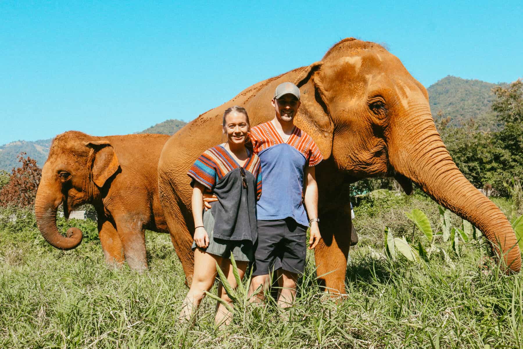Abby and Sam with elephants in Thailand. This trip is one of the reasons they were inspired to write a couples travel blog.