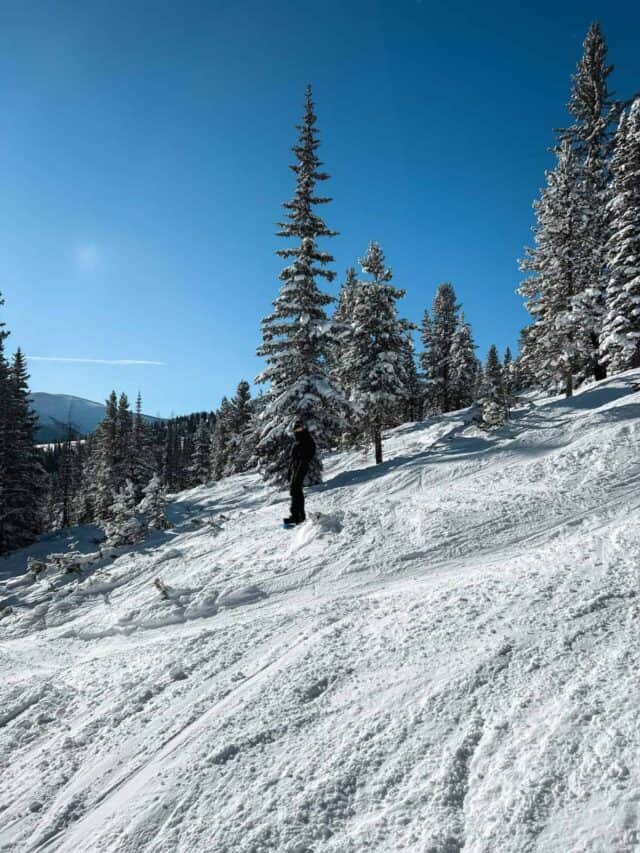 Sam snowboarding in Colorado on a bluebird day.