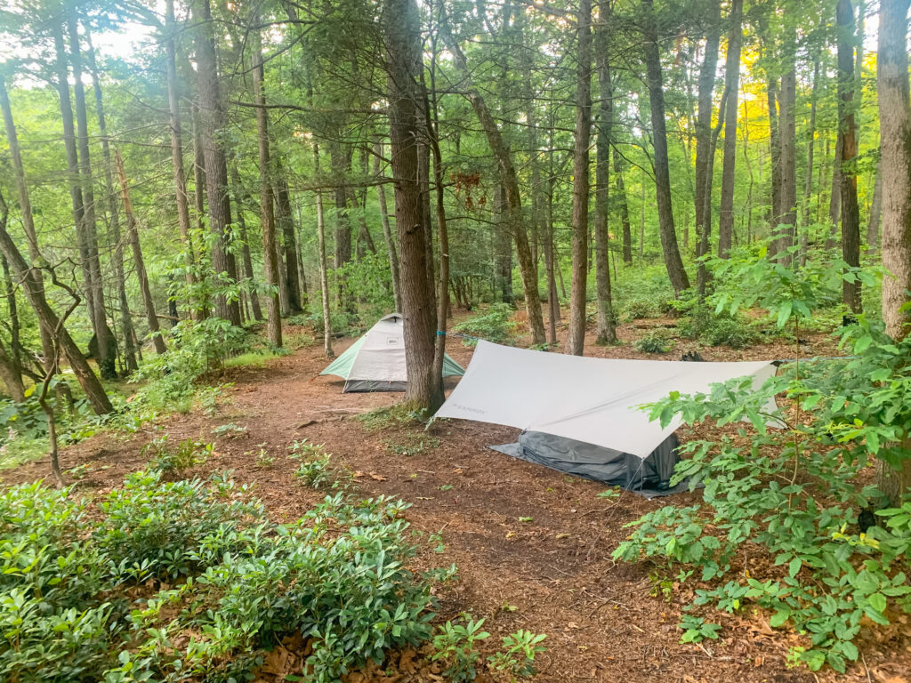 Two tents set up in the woods as the campers prepared for the sun to go down and to use their favorite flashlights for hiking.