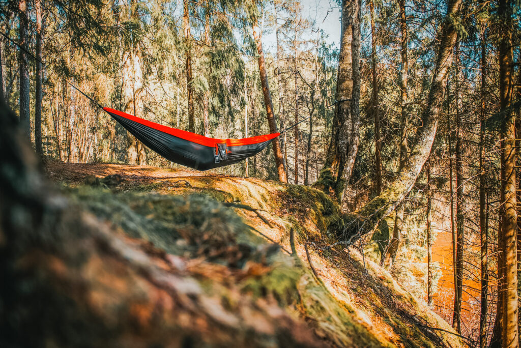 One of the best 2 person camping hammocks set up in the wilderness surrounded by trees.