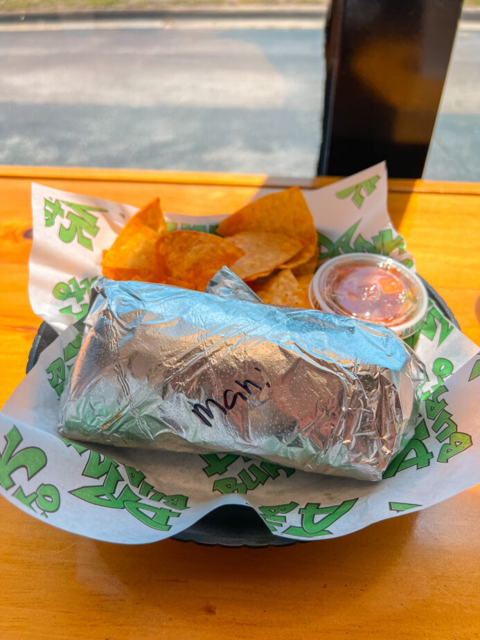 A burrito and chips from Dank Burrito, one of the best Morehead City restaurants. 