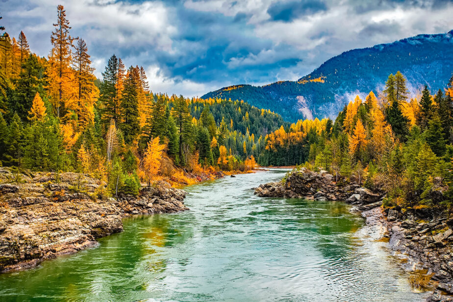 A river running through the state of Montana surrounded by colorful trees.