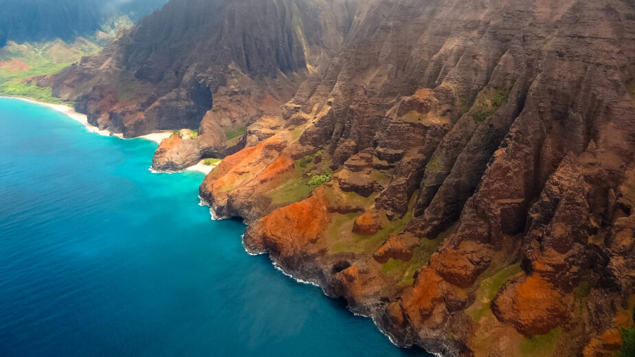 An aerial view of Kauai from a helicopter tour. 