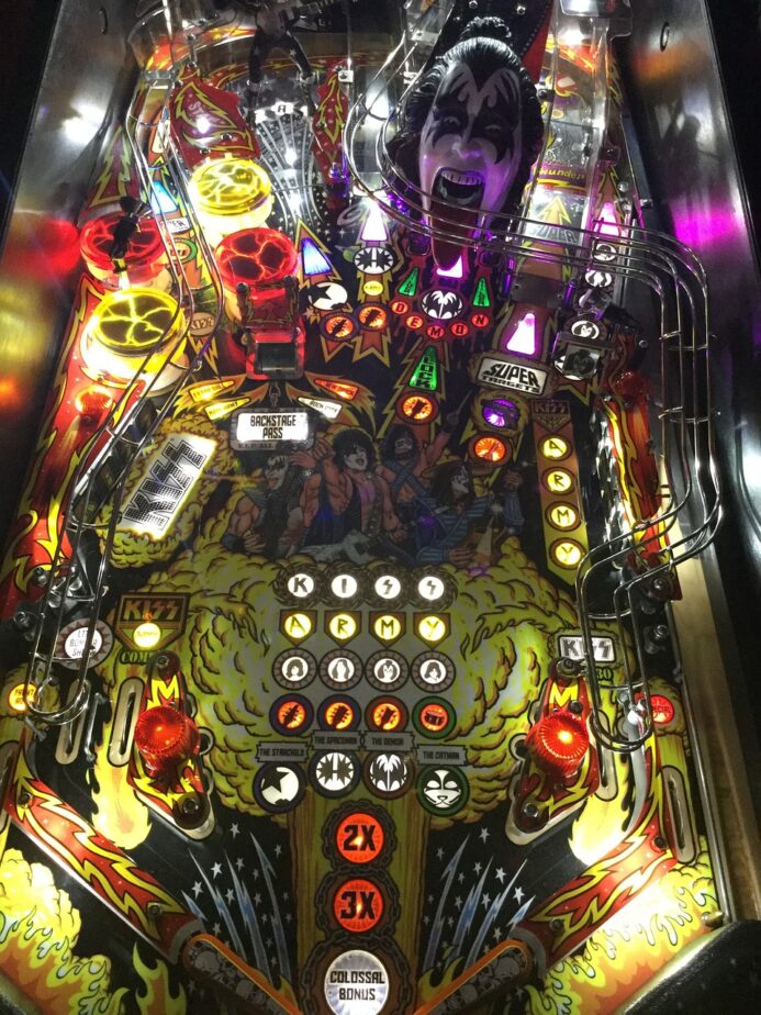 A pinball machine lit up.