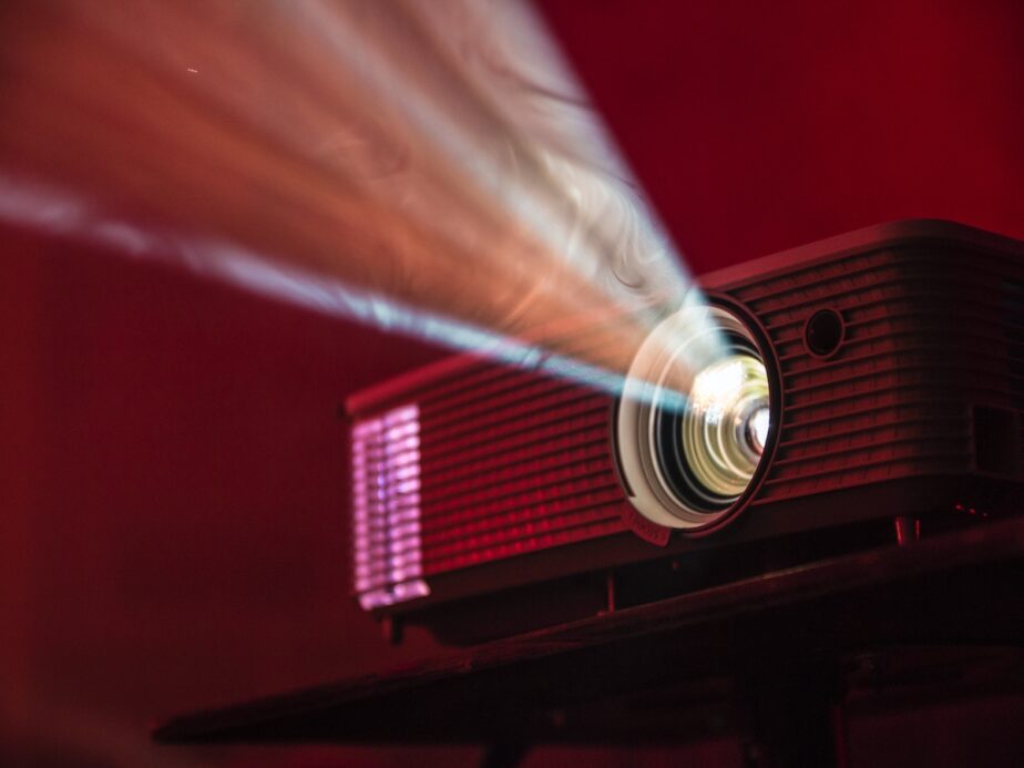 A red movie projector.