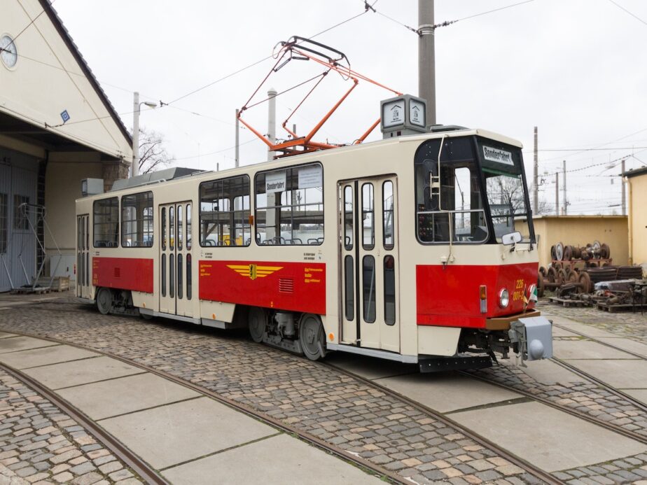An old red and white trolley.