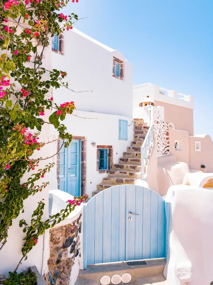 Bright pink flowers, a crisp white building, and a blue gate in Santorini, Greece.