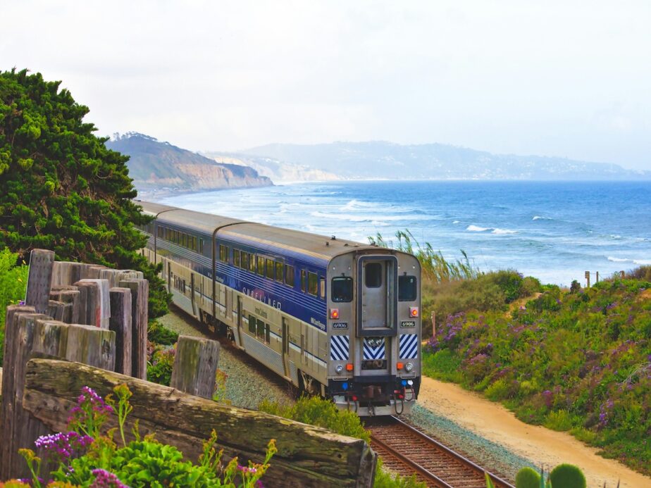 The Pacific Surfliner, one of the most scenic Amtrak rides in the United States as it passes along the Pacific Coast.