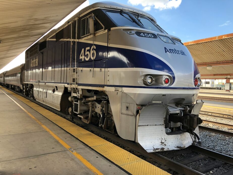 An Amtrak that is sitting in the station.