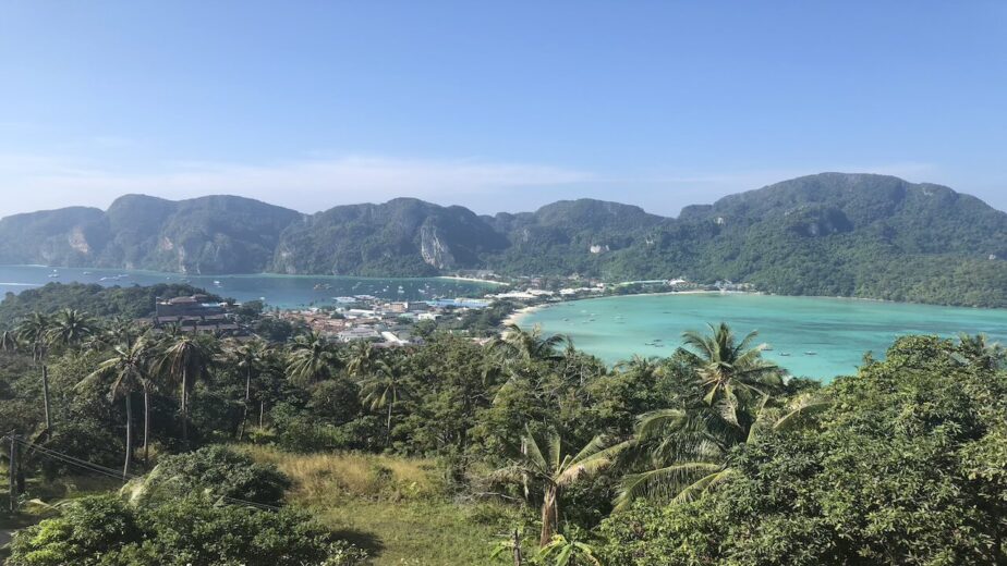 Mountain, greenery, and ocean views from the Koh Phi Phi Viewpoint.