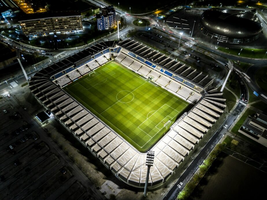 A football stadium in Spain from an aerial view.