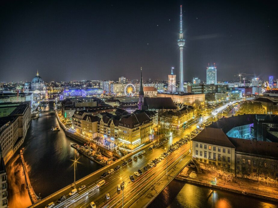 The city of Berlin, Germany at night lit up.