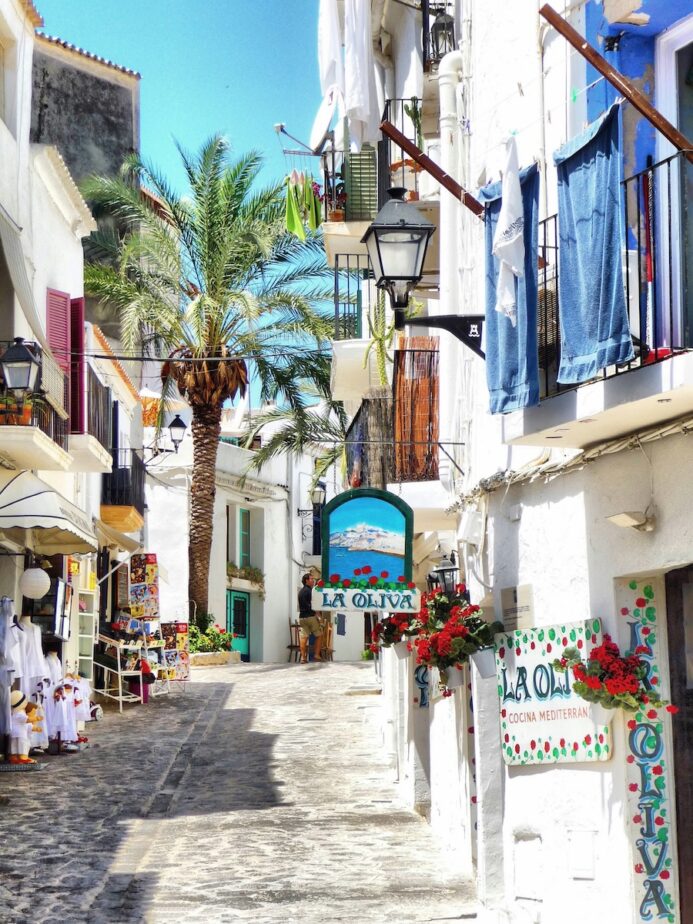 A street with charming local shops in Ibiza. 