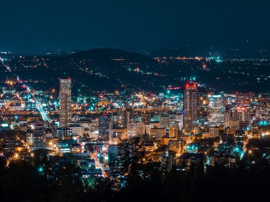 Portland, Oregon at night lit up.