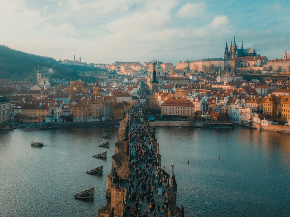 The city of Prague from an aerial perspective.