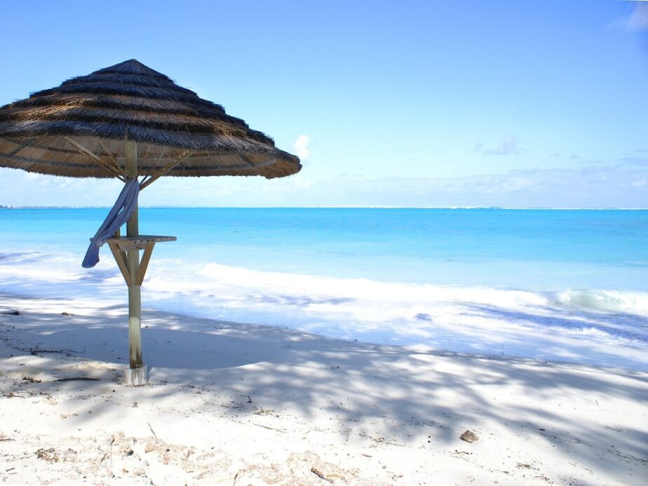 An umbrella set up on one of the best beaches in Turks and Caicos.