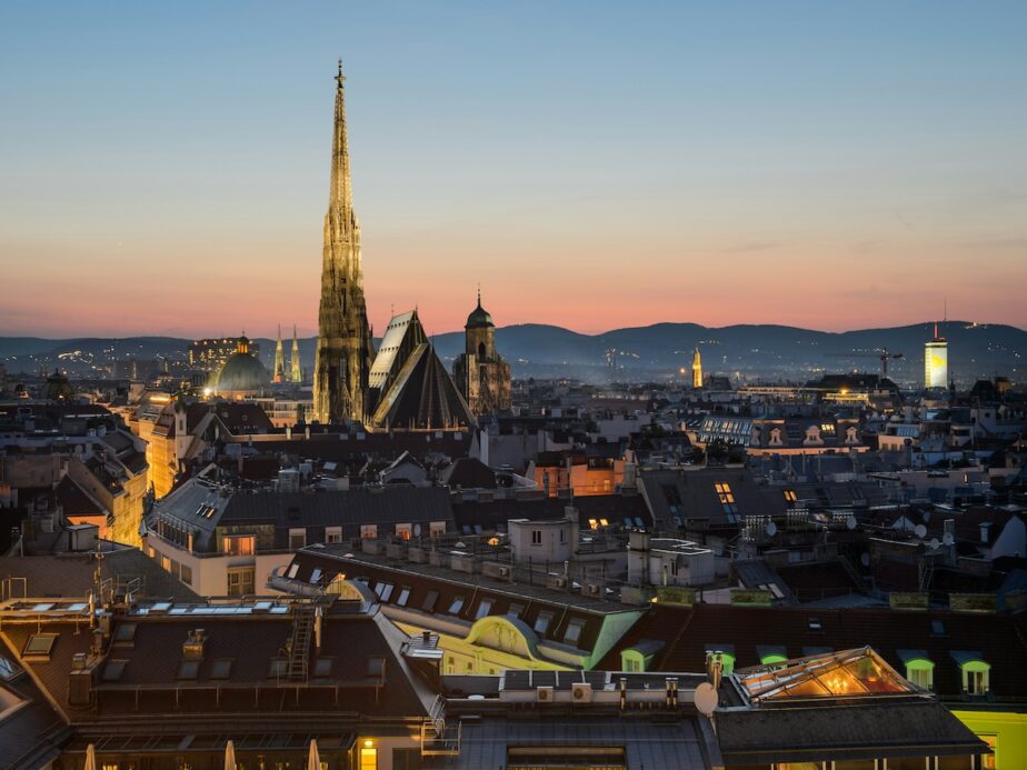 The city of Vienna at sunset.