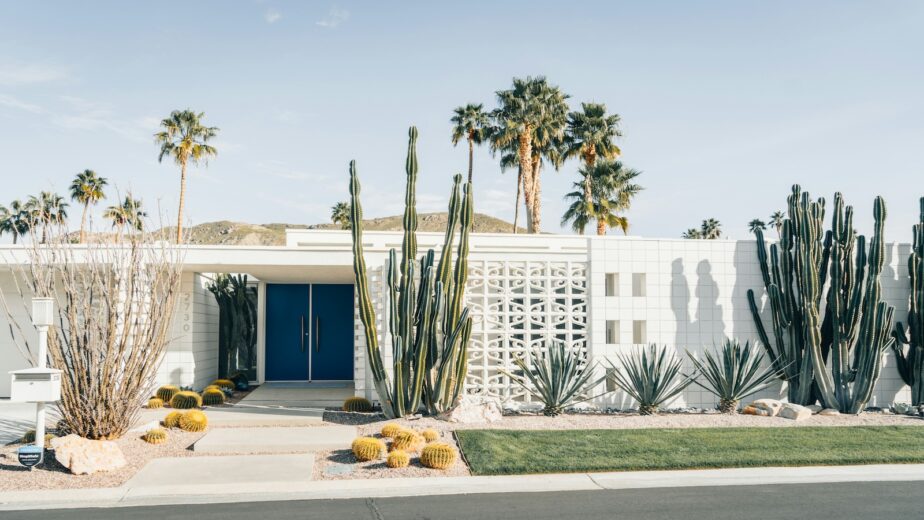 A white house surrounded by palm trees and cactus in Palm Springs.