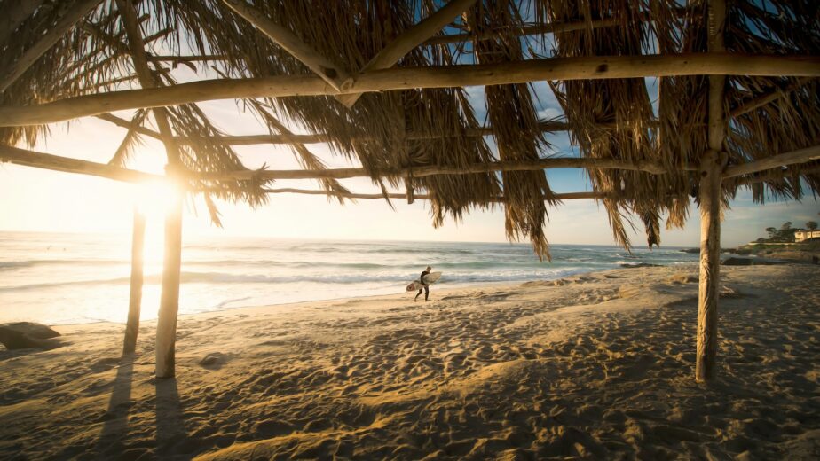 A surfer walking the beach in San Diego.