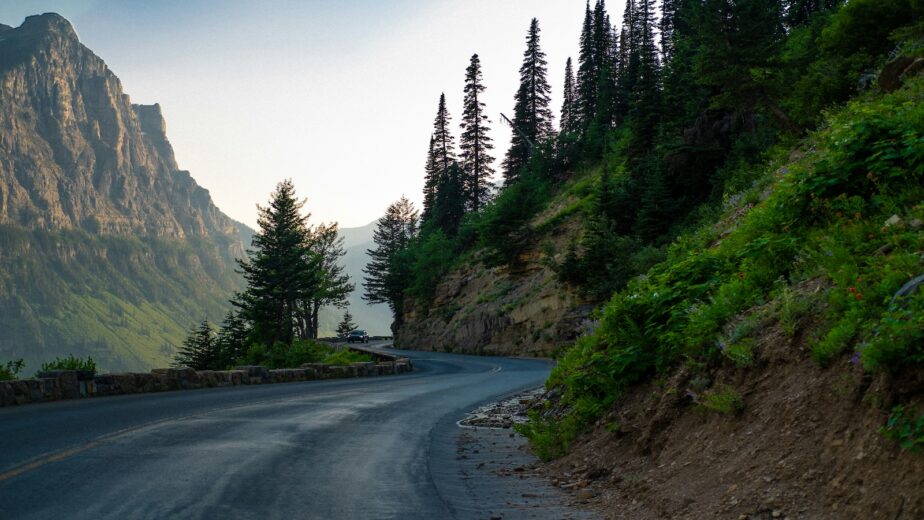 Going To The Sun Road in Montana with views of mountains and trees.